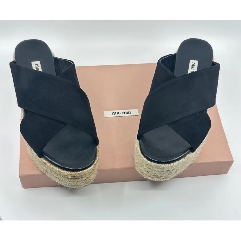 MIU MIU Suede Espadrille Platform Slip on Slides Sandals Black size 8 NEW